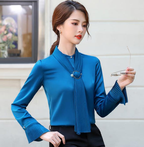 Women's Bow Tie Design Long-sleeved Solid Color Shirt