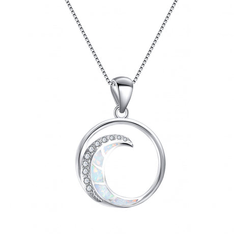 Pendant, White Gold, White Diamonds, Moon-Shaped Glossy Circle Jewellery