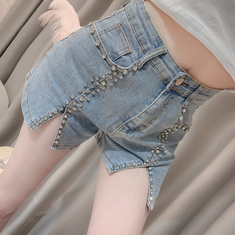 Summer Dress New Style Celebrity Heavy Industry Nail Bead Inlaid Diamond Slim Split Stretch Jeans Women\'s Shorts