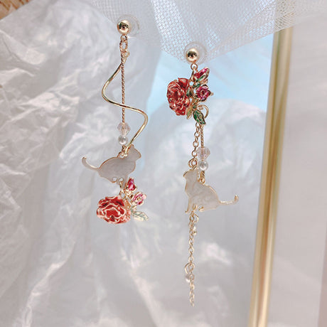 Flower Long Earrings Wild Red Rose Flower Long Rhinestone Tassel Earrings Earrings
