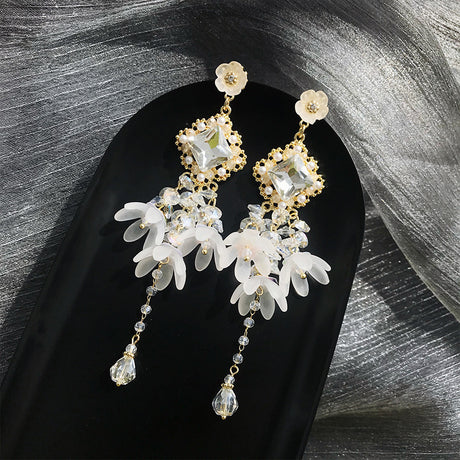 Large Flower Long Crystal Tassel Earrings