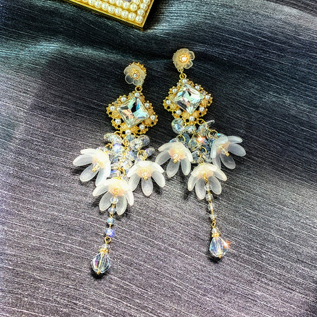 925 Silver Needle Temperament Long Flower Earrings Female Exaggerated Earrings Earrings Diamond Tassel Net Red