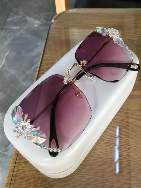 Frameless Trendy Rhinestone Sunglasses, Gradient Luxury Sunglasses Women