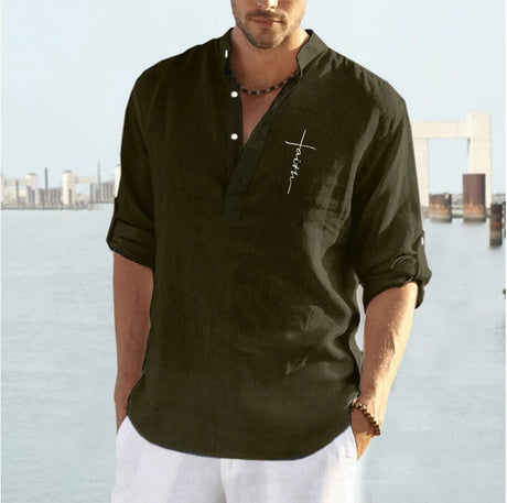 New Casual Cotton And Linen Embroidery Solid Color Long Sleeved Shirt For Men