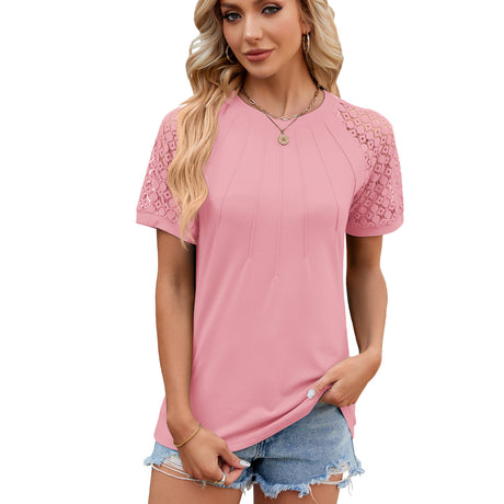 Solid Color Round Neck Top Women's Lace Hollow Design Short Sleeve T-Shirt Summer Womens Clothing