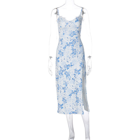 Lace Flowers Print Long Dress Sexy Fashion Slit Suspender Dress Summer Womens Clothing