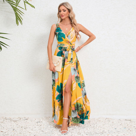 V-neck Floral Print Long Dress Summer Fashion Waist Tie Slit Design Sleeveless Dress For Womens Clothing