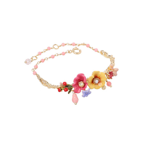 Pink enamel peony flower branch gold-plated zircon bracelet