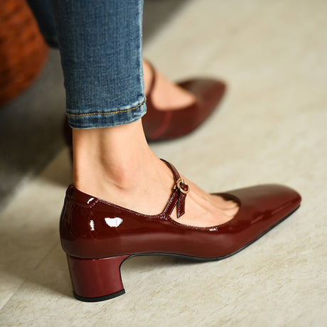 Burgundy bright leather strap square toe shoes for women