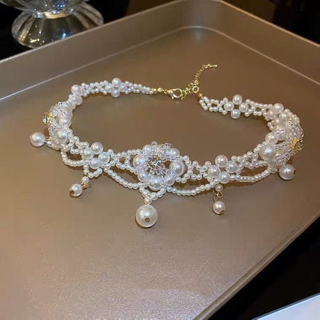 Fashion Diamond Crystal Pearl Flower Necklace