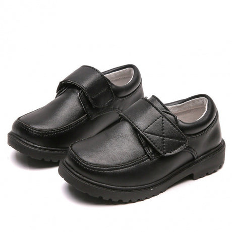 Boys Black Student Velcro British Leather Shoes