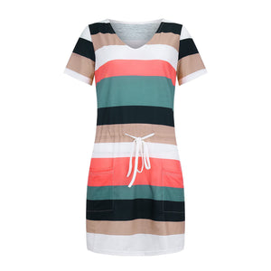 Striped Print Short-sleeved Dresses Summer Fashion V-neck Drawstring Design Short Dress Beach Womens Clothing