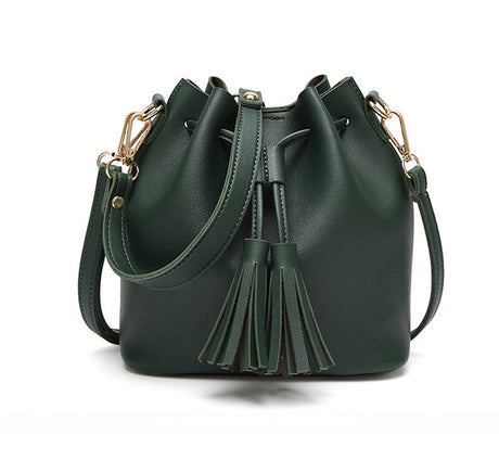 Vintage Fashion Small Women Leather Bucket Bag Handbag Tassel Drawstring Shoulder Bag