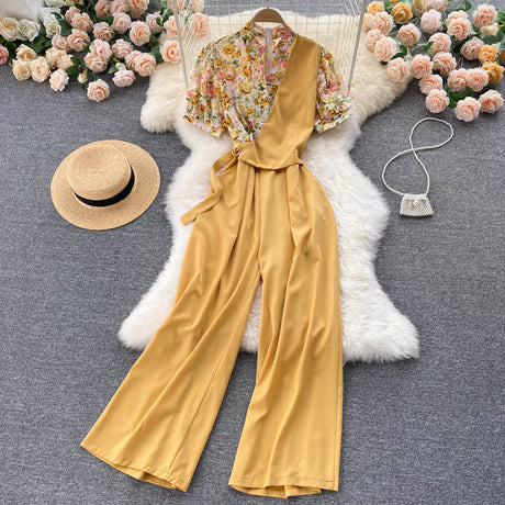 Fake Two Pieces Of Western Style V-neck High Waist Slimming Drape Wide-leg Jumpsuit Women