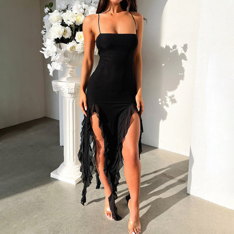 Sexy Suspender Tight Slim Skirt Fashion Split Ruffle Design Dress Summer Womens Clothing