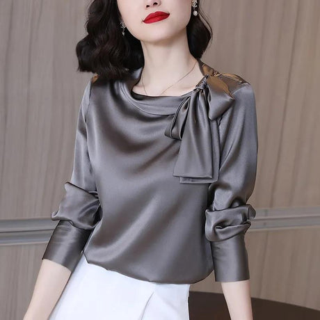 Solid Color Bow Chic Top Ladies Shirt Long Sleeve