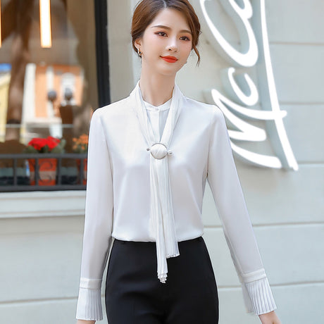 Women's Bow Tie Design Long-sleeved Solid Color Shirt