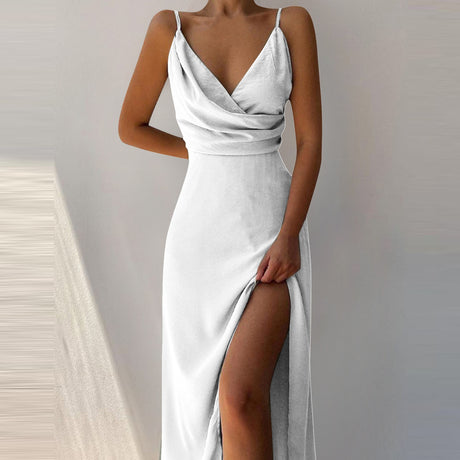 V-neck Slip Dress Low Cut Printed Slit Dress
