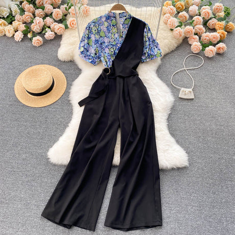 Fake Two Pieces Of Western Style V-neck High Waist Slimming Drape Wide-leg Jumpsuit Women