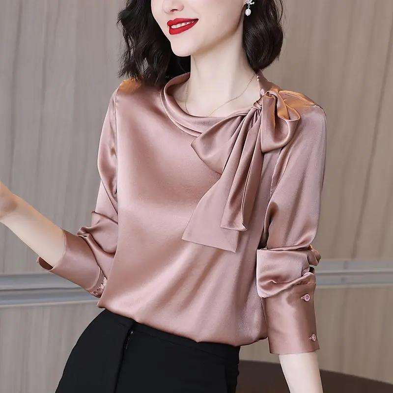 Solid Color Bow Chic Top Ladies Shirt Long Sleeve