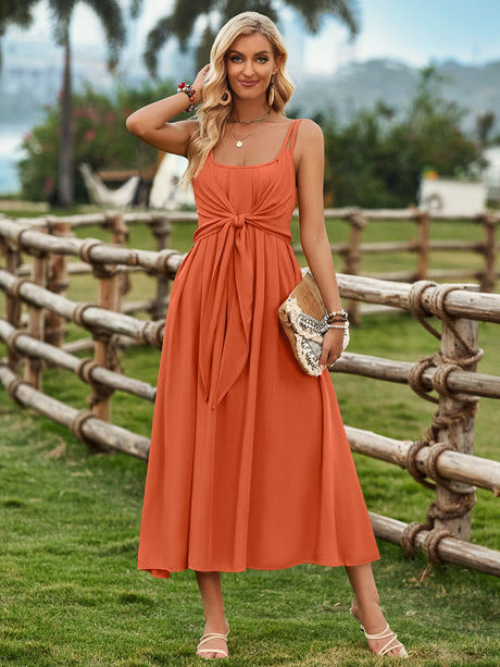 Solid Color Suspender Long Dress Spring And Summer Bow Waist Tie Design Dress Womens Clothing