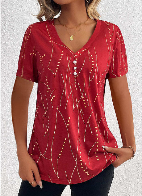 New V-neck Printed Button T-shirt Summer Fashion Leisure Short-sleeved Top Womens Clothing