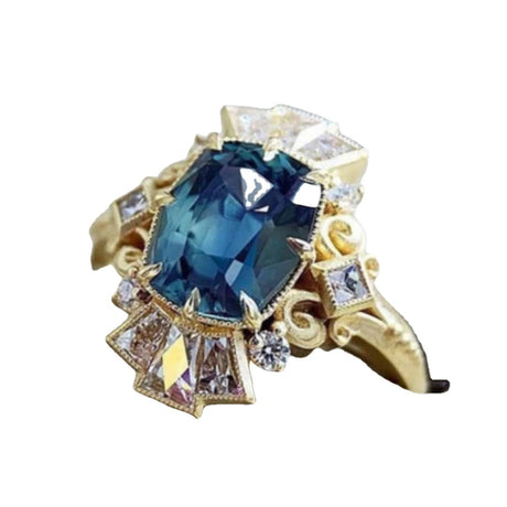 European Style Navy Blue Zirconium Pattern Crown Ring