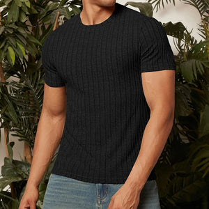 Summer Short-sleeved T-shirt Men Round Neck Solid Color Striped Design Top Mens Clothing