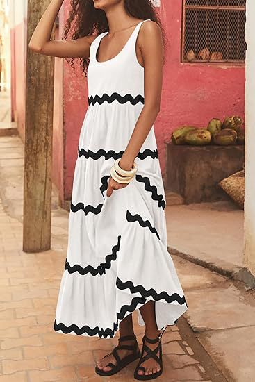 U-neck Wavy Print Long Dress Sleeveless Solid Color A-line Dress Summer Womens Clothing