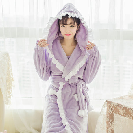 Cute Padded Flannel Nightgown Women Lace