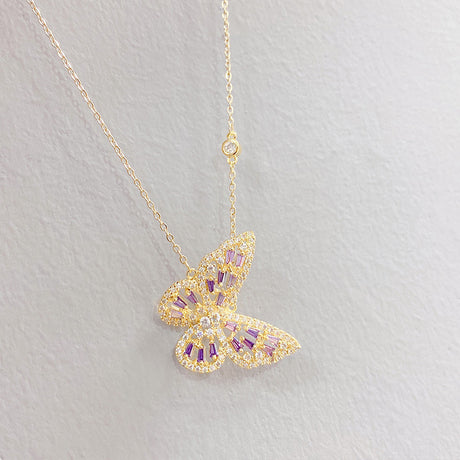 Micropaved Zircon Butterfly Necklace In Real Gold Plated