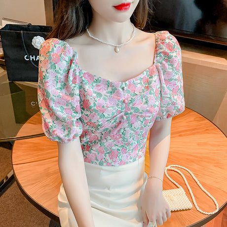 French Floral Short-sleeved Shirt Women's Sweet Puff Sleeves