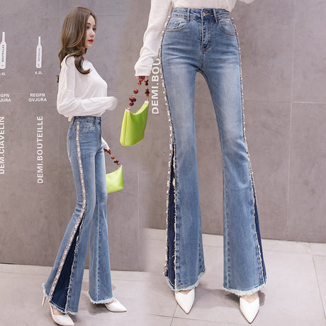 Embroidery Beaded Fashion Flared Pants High Waist Slimming Jeans Women