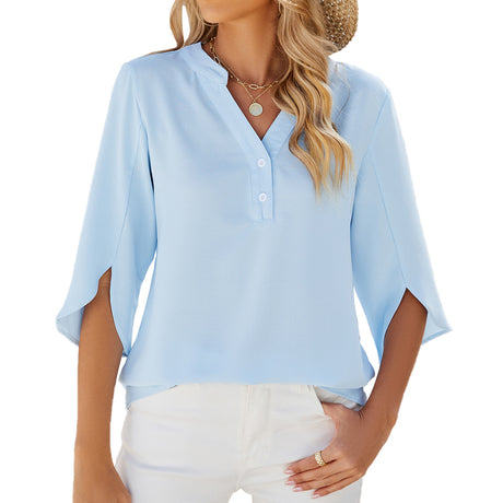 Button V-neck Mid-sleeve Chiffon Shirt Solid Color Top Womens Clothing