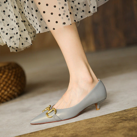 Pearlescent Sheepskin Shoes Pointed Toe Korean Style Stiletto Metal Buckle Shallow Cat Heels