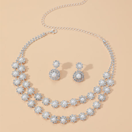 Double Row Zircon Pearl Necklace Earrings