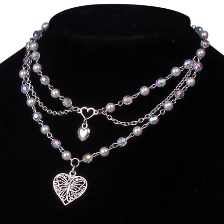 Multilayer Butterfly Love Necklace Female Pearl Peach Heart Choker