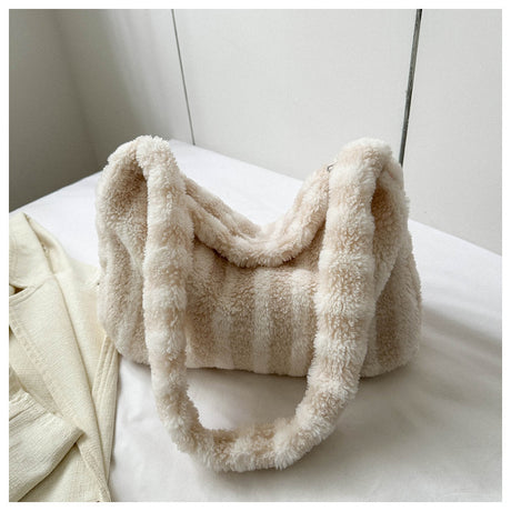Large-capacity Striped Plush Bag Winter New Fashion Portable Tote Shoulder Bags Shopping Furry Handbags For Women