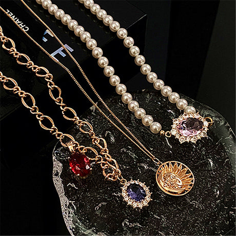 Multi-layered Pearl Zircon Pendant Necklace