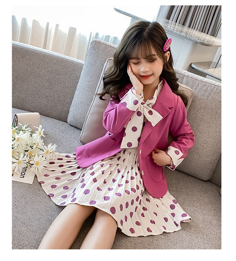 New Children's Clothing Girls Baby Clothes Girls Casual Blazer Solid Color Dot Dress Cloth Set Suit