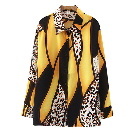 Westernstyle Allmatch Color Contrast Leopard Print Long Sleeved Chiffon Shirt Womens Top