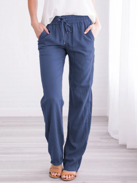 Cotton and Linen Drawstring Loose Casual Wide-Leg Trousers