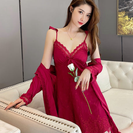 Sexy Pajamas Women New Spring And Summer Sling Lace Nightdress Two-Piece Ice Silk Net Red Night Gown Home Service