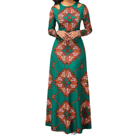 Printed Long-sleeved Maxi Dress Spring And Autumn Women's Large Swing Dress