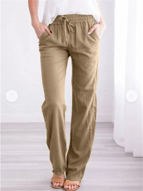 Cotton and Linen Drawstring Loose Casual Wide-Leg Trousers