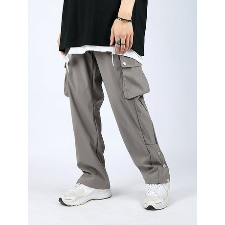 High Street Multi-pocket Casual Trousers For Men And Women Side Breasted Drawstring Cargo Pants Harajuku Solid Loose Pants