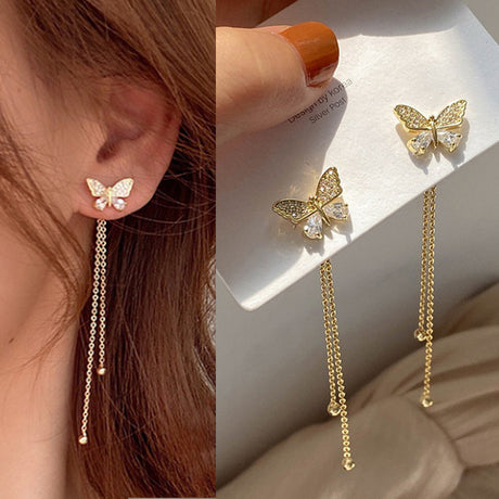 Japanese And Korean Fashion Butterfly Rhinestone Tassel Long Earrings
