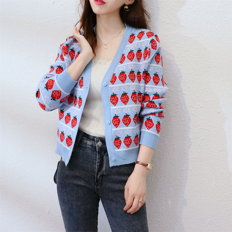Strawberry Short Sweater Cardigan Jacket Women Korean Style Loose