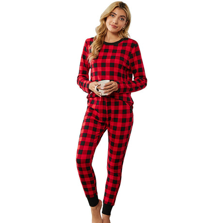 Christmas Long-sleeved Trousers Loungewear Suit Plaid Contrast Color Home Pajamas For Women