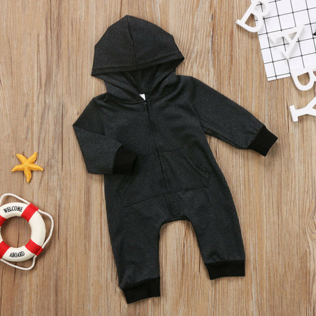 Pure color black cool long-sleeved hooded romper